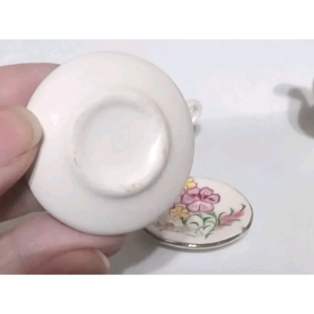 Dollhouse Set Of Miniature Ceramic Plates, Teapot, Cups, & Cream Vintage Flowers